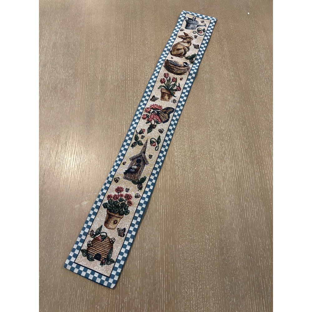Vintage Tapestry Table Runner 40" Rabbit Birdhouse Garden Gingham Cottagecore